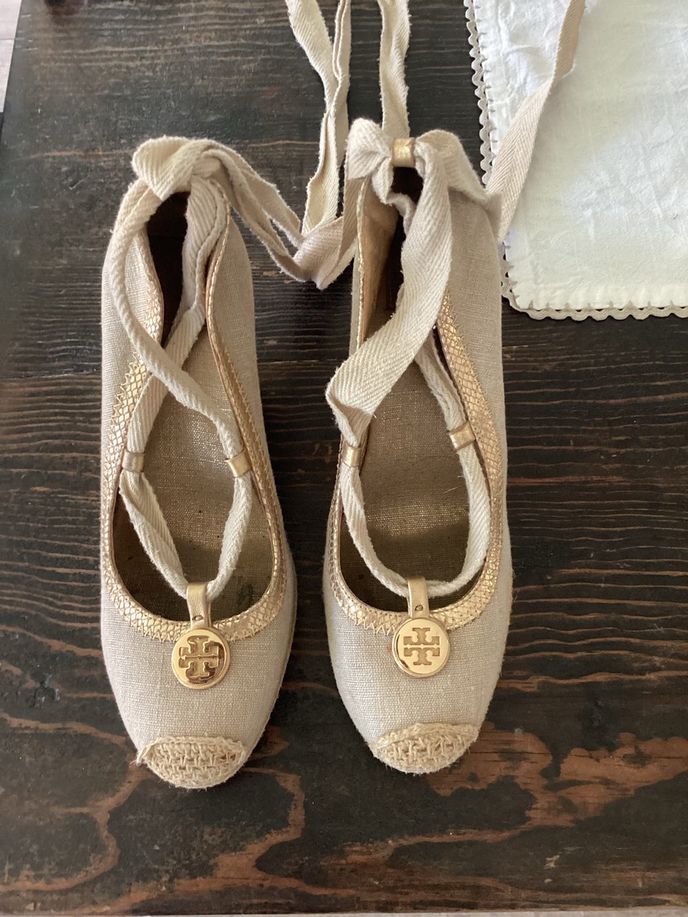 Tory Burch Natural Canvas Espadrille Ballet Flats with Gold Logo